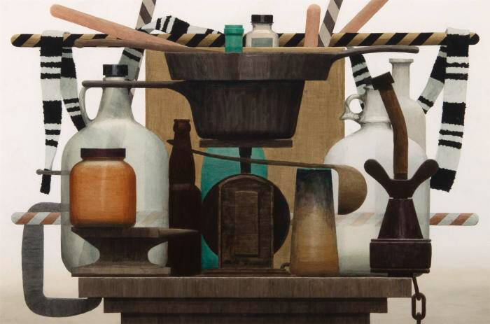 Still life watercolor painting of many different household items stacked on top of each other. Objects include a black and white stripped ribbon, an amber glass jar, glass jugs, and a clamp.